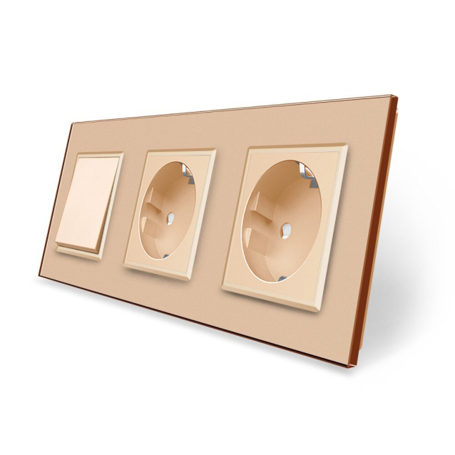 Одноклавишный выключатель с двойной розеткой Livolo золотой стекло (VL-C7C2EUK1-13)