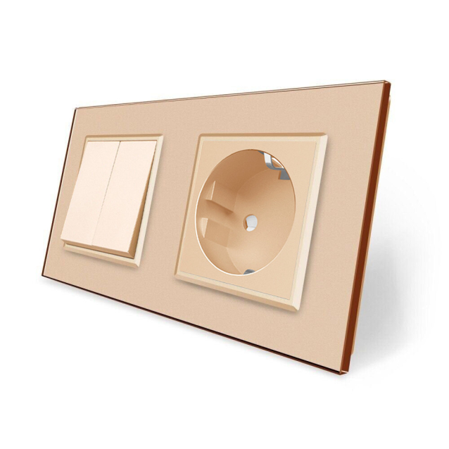 Двухклавишный выключатель с розеткой Livolo золотой стекло (VL-C7C1EUK2-13)