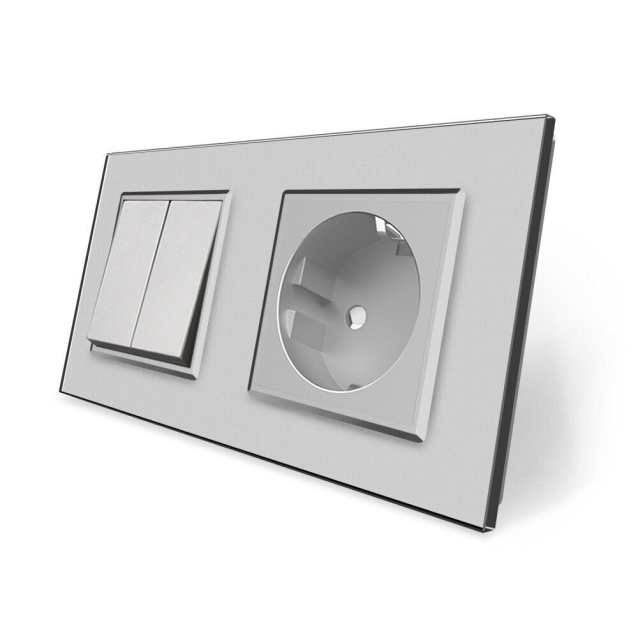 Двухклавишный выключатель с розеткой Livolo серый стекло (VL-C7C1EUK2-15)