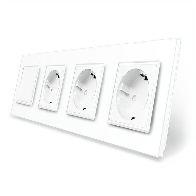 Одноклавишный выключатель с тройной розеткой Livolo белый стекло (VL-C7K1/FCTC16A/FCTC16A/FCTC16A-8WP)