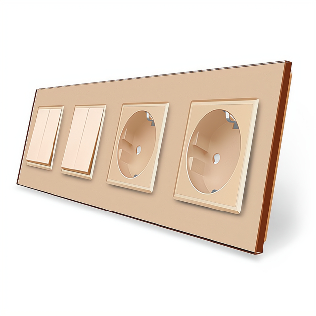 Комплект двухклавишных выключателей с двойной розеткой Livolo золотой стекло (VL-C7K2/K2/FCTC16A/FCTC16A-8AP)