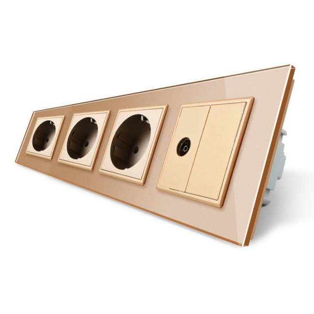 Розетка четырехместная комбинированная Силовая ТВ Livolo золото стекло (VL-C7C3EU1VK0-13)