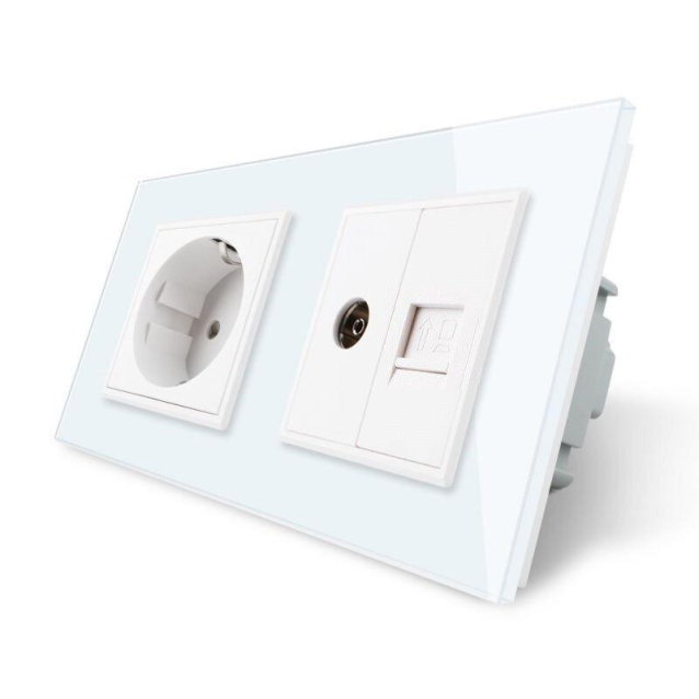 Розетка двухместная комбинированная Силовая Интернет ТВ Livolo белый стекло (VL-C7C1EU1V1C-11)