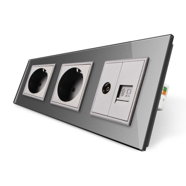 Розетка трехместная комбинированная Силовая Интернет ТВ Livolo серый стекло (VL-C7C2EU1C1V-15)