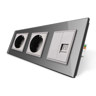 Розетка трехместная комбинированная Силовая Интернет Livolo серый стекло (VL-C7C2EU1CK0-15)