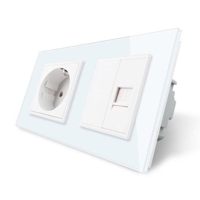 Розетка двухместная комбинированная Силовая Интернет Livolo белый стекло (VL-C7C1EUK01C-11)