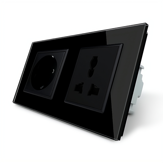 Розетка двухместная силовая и универсальная Livolo черный стекло (VL-C7C1EUC1C-12)