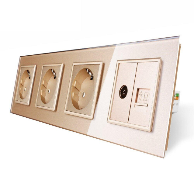 Розетка четырехместная комбинированная Силовая Интернет ТВ Livolo золото стекло (VL-C7C3EU1C1V-13)