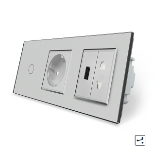Сенсорный проходной выключатель 1 сенсор 1 розетка 1 USB 1 розетка универсальная Livolo серый стекло