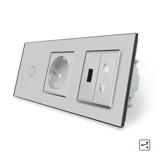 Сенсорный проходной выключатель 1 сенсор 1 розетка 1 USB 1 розетка универсальная Livolo серый стекло