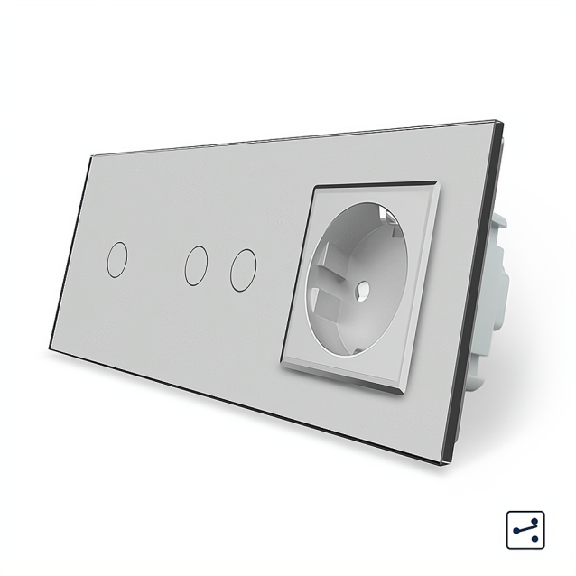 Сенсорный проходной выключатель 3 сенсора (1-2) 1 розетка Livolo серый стекло (VL-C701S/C702S/C7C1EU-15)