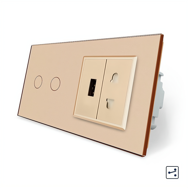 Сенсорный проходной выключатель 2 сенсора 1 розетка 1 USB Livolo золотой стекло (VL-C702S/C7USBC1A-13)