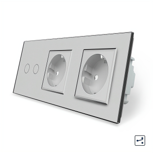 Сенсорный проходной выключатель 2 сенсора 2 розетки Livolo серый стекло (VL-C702S/C7C2EU-15)