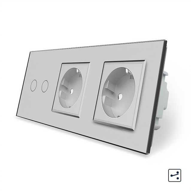 Сенсорный проходной выключатель 2 сенсора 2 розетки Livolo серый стекло (VL-C702S/C7C2EU-15)