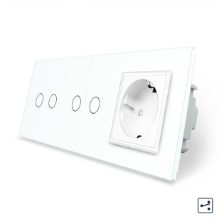 Сенсорный проходной выключатель 4 сенсора (2-2) 1 розетка Livolo белый стекло (VL-C702S/C702S/C7C1EU-11)
