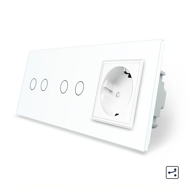 Сенсорный проходной выключатель 4 сенсора (2-2) 1 розетка Livolo белый стекло (VL-C702S/C702S/C7C1EU-11)