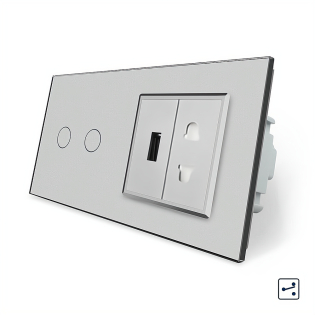 Сенсорный проходной выключатель 2 сенсора 1 розетка 1 USB Livolo серый стекло (VL-C702S/C7USBC1A-15)