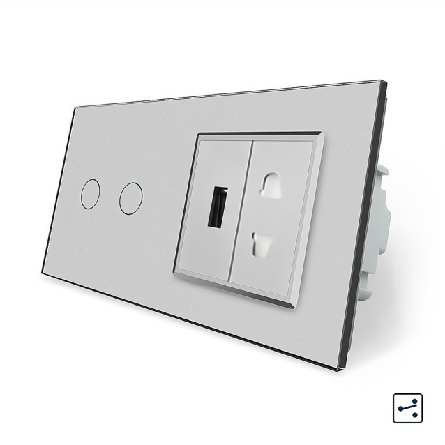 Сенсорный проходной выключатель 2 сенсора 1 розетка 1 USB Livolo серый стекло (VL-C702S/C7USBC1A-15)