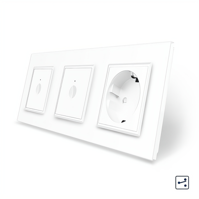 Сенсорный проходной выключатель Sense 2 сенсора (1-1) 1 розетка Livolo белый стекло