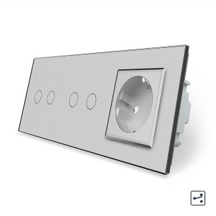 Сенсорный проходной выключатель 4 сенсора (2-2) 1 розетка Livolo серый стекло (VL-C702S/C702S/C7C1EU-15)