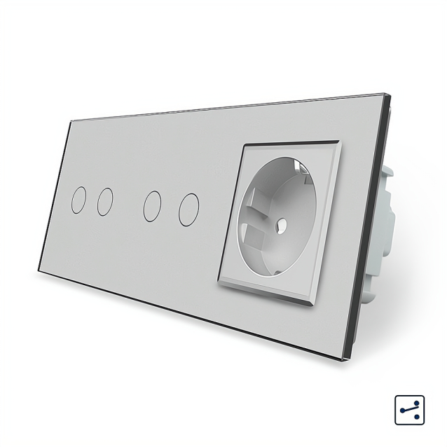 Сенсорный проходной выключатель 4 сенсора (2-2) 1 розетка Livolo серый стекло (VL-C702S/C702S/C7C1EU-15)