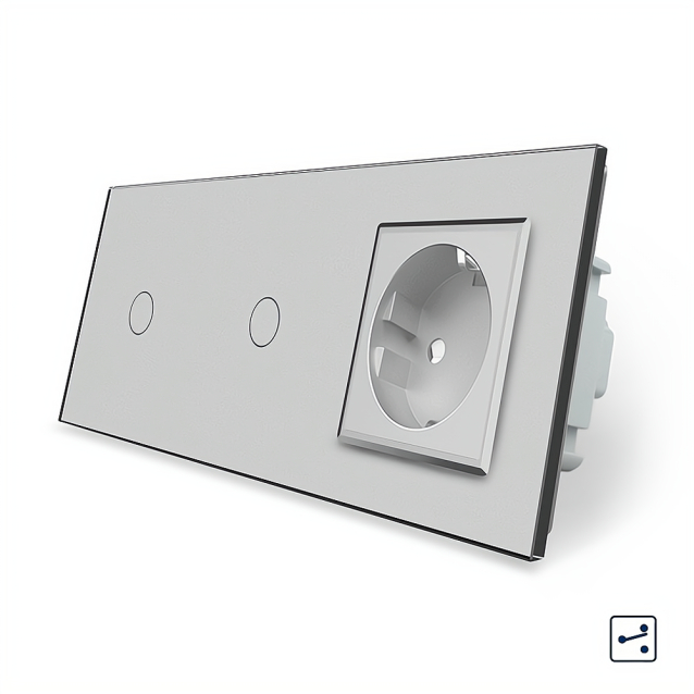 Сенсорный проходной выключатель 2 сенсора (1-1) 1 розетка Livolo серый стекло (VL-C701S/C701S/C7C1EU-15)