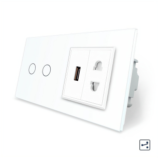 Сенсорный проходной выключатель 2 сенсора 1 розетка 1 USB Livolo белый стекло (VL-C702S/C7USBC1A-11)