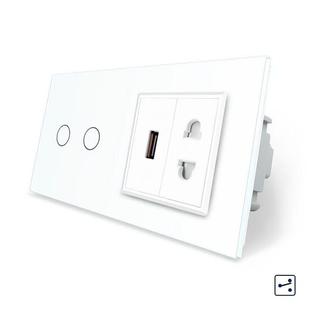 Сенсорный проходной выключатель 2 сенсора 1 розетка 1 USB Livolo белый стекло (VL-C702S/C7USBC1A-11)