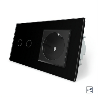 Сенсорный проходной выключатель 2 сенсора 1 розетка Livolo черный стекло (VL-C702S/C7C1EU-12)