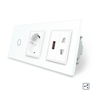 Сенсорный проходной выключатель 1 сенсор 1 розетка 1 USB 1 розетка универсальная Livolo белый стекло