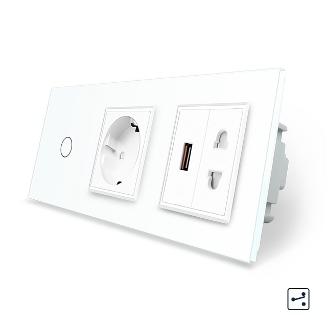 Сенсорный проходной выключатель 1 сенсор 1 розетка 1 USB 1 розетка универсальная Livolo белый стекло