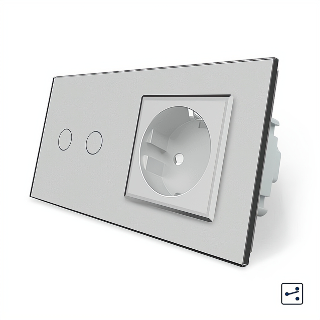 Сенсорный проходной выключатель 2 сенсора 1 розетка Livolo серый стекло (VL-C702S/C7C1EU-15)