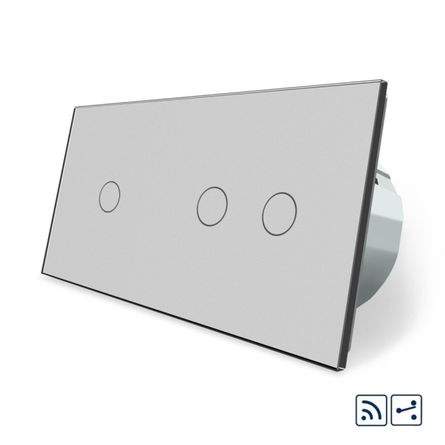 Сенсорный радиоуправляемый проходной выключатель 3 сенсора (1-2) Livolo серый стекло (VL-C701SR/C702SR-15)