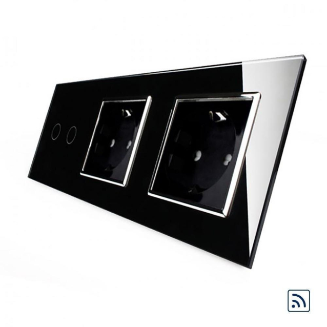 Сенсорный радиоуправляемый выключатель 2 сенсора 2 розетки Livolo черный хром стекло (VL-C702R/C7C2EU-12C)