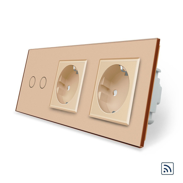 Сенсорный радиоуправляемый выключатель 2 сенсора 2 розетки Livolo золото стекло (VL-C702R/C7C2EU-13)