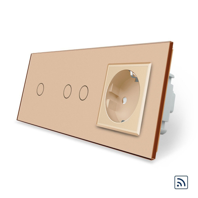 Сенсорный радиоуправляемый выключатель 3 сенсора (1-2) 1 розетка Livolo золото стекло