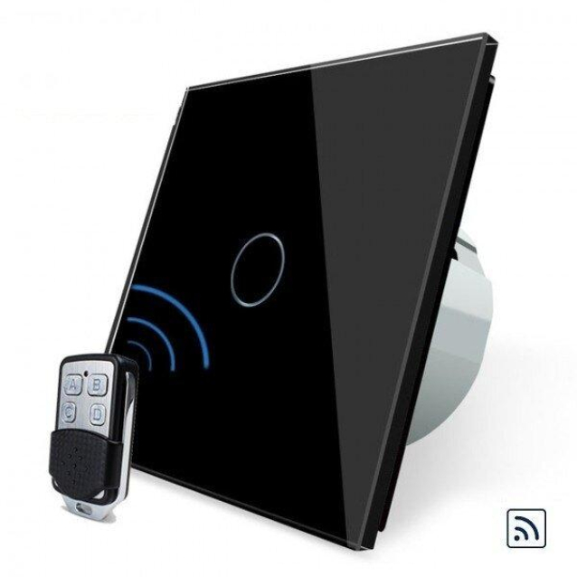 Сенсорный радиоуправляемый выключатель 1 сенсор + пульт-брелок Livolo черный стекло (VL-C701R-12/VL-RMT-02)