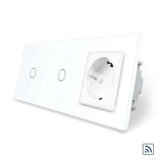 Сенсорный радиоуправляемый выключатель 2 сенсора (1-1) 1 розетка Livolo белый стекло