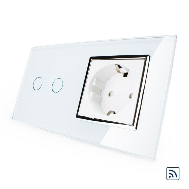 Сенсорный радиоуправляемый выключатель 2 сенсора 1 розетка Livolo белый хром стекло (VL-C702R/C7C1EU-11C)