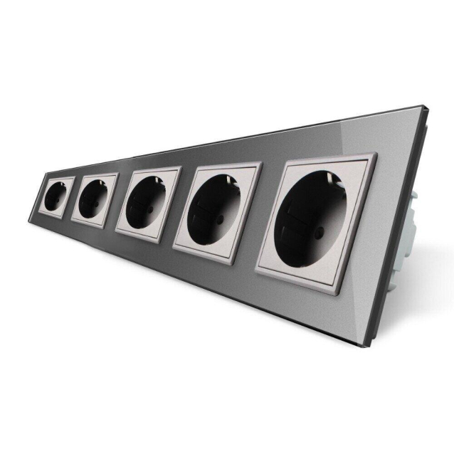 Розетка пятиместная с заземлением Livolo серый стекло (VL-C7C5EU-15)