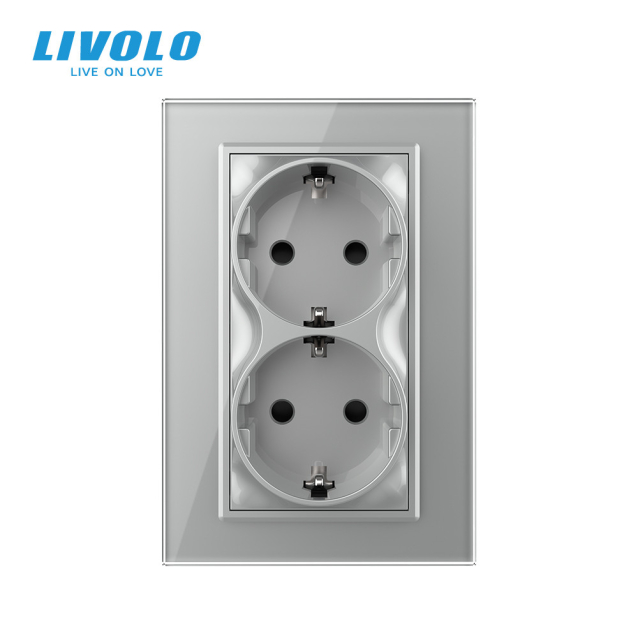 Розетка двойная с заземлением Livolo серый стекло (VL-C7CTF16A.TF16A-IP)