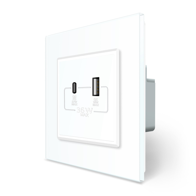 Розетка USB-A и USB-C 36W Livolo белый стекло (VL-C7FCUA18W.UC18W-2WP)