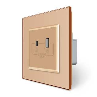 Розетка USB-A и USB-C 36W Livolo золотой стекло (VL-C7FCUA18W.UC18W-2AP)