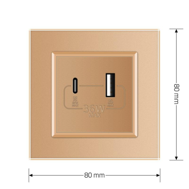 Розетка USB-A и USB-C 36W Livolo золотой стекло (VL-C7FCUA18W.UC18W-2AP)