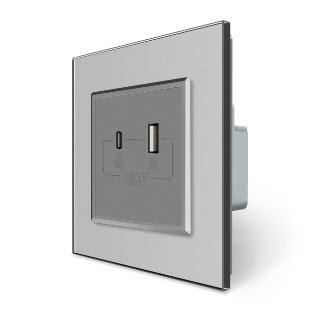 Розетка USB-A и USB-C 36W Livolo серый стекло (VL-C7FCUA18W.UC18W-2IP)