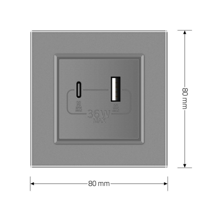 Розетка USB-A и USB-C 36W Livolo серый стекло (VL-C7FCUA18W.UC18W-2IP)