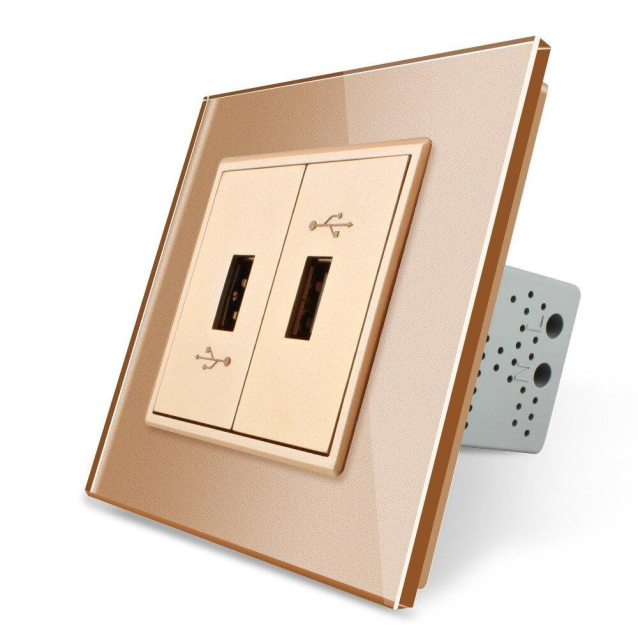 Розетка двойная USB с блоком питания Livolo золото стекло (VL-C792U-13)