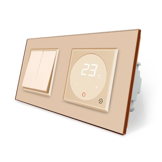 Двухклавишный выключатель Терморегулятор с выносным датчиком температуры для теплого пола Livolo золотой