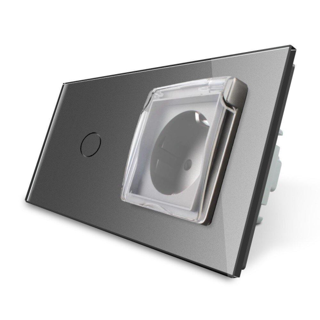 Сенсорный выключатель Розетка влагозащищенная с крышкой Livolo серый стекло (VL-C701/C7C1EUWF-15)
