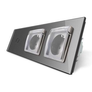 Сенсорный выключатель Розетка двойная влагозащищенная с крышкой Livolo серый стекло (VL-C701/C7C2EUWF-15)